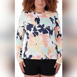 Hang Ten Women's Long Sleeve Sun Protection Tee with Pocket, Multi, Size M